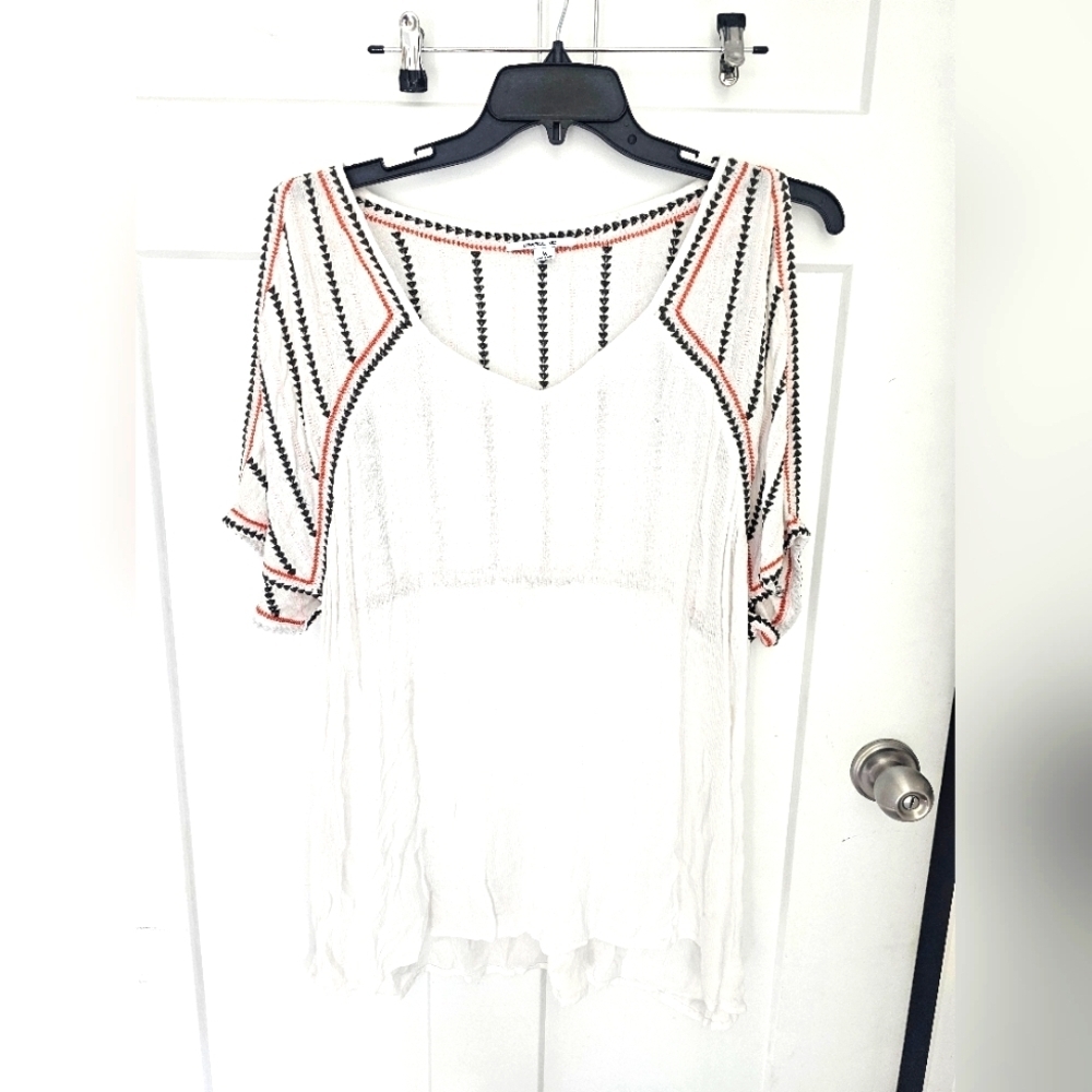 O'Neill Embroidered Boho Top White Black Coral V-Neck Gauze Blouse M